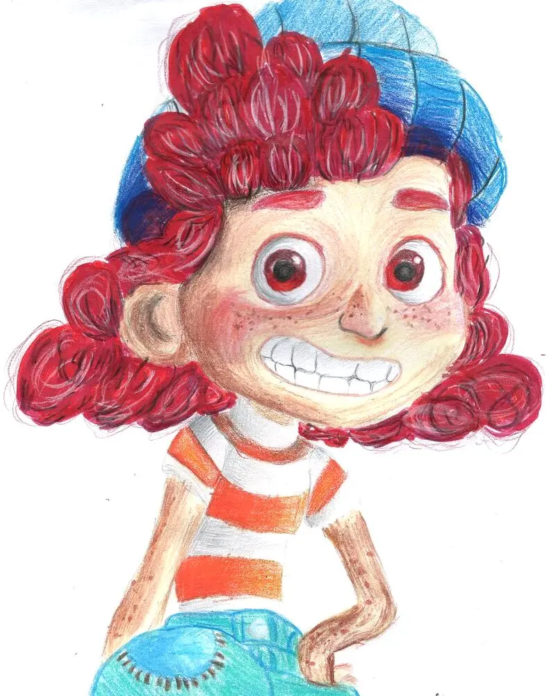 Colored-pencil drawing by the artist of a smiling girl with curly red hair, a blue beanie and a striped shirt