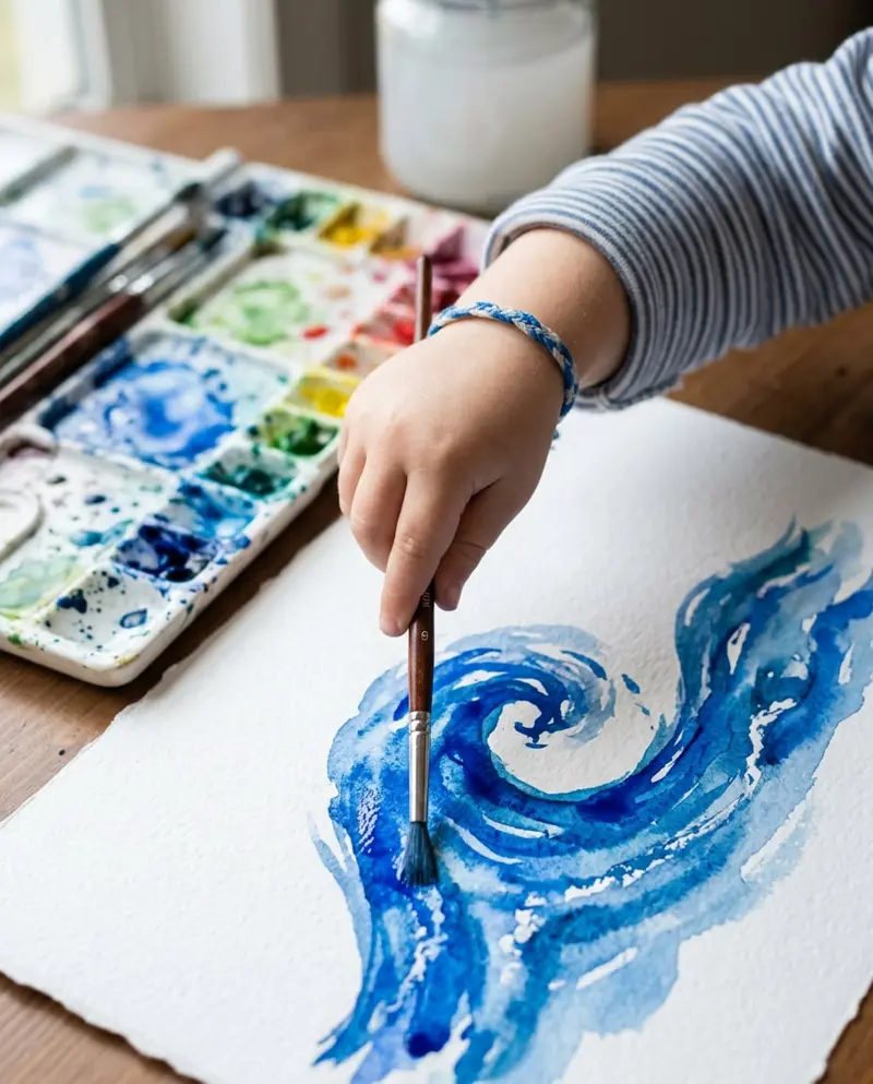 A young artist's hand painting an ocean wave in watercolor