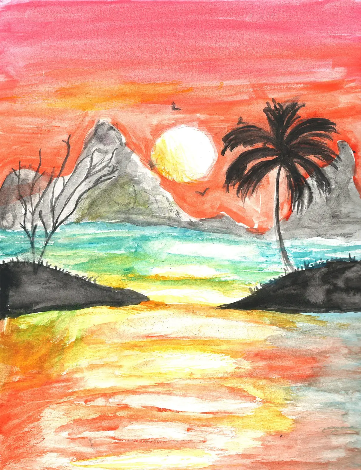 Island Sunset, watercolor painting by a young artist