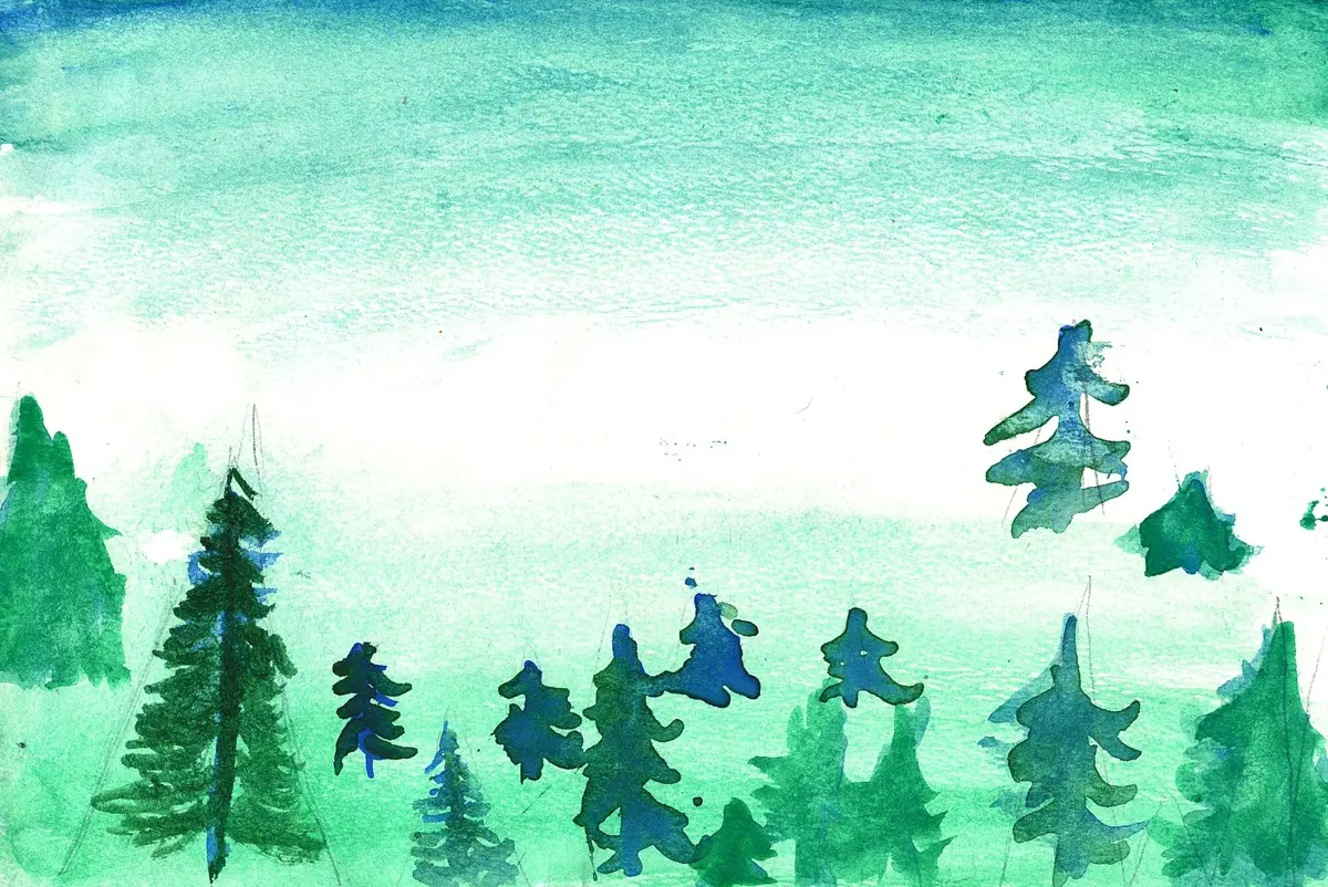 Pine Forest, watercolor painting by a young artist