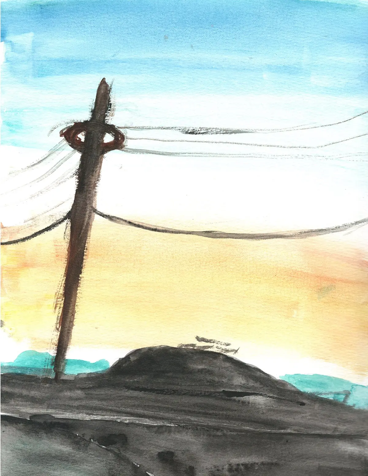Telephone Pole at Dusk, watercolor painting by a young artist