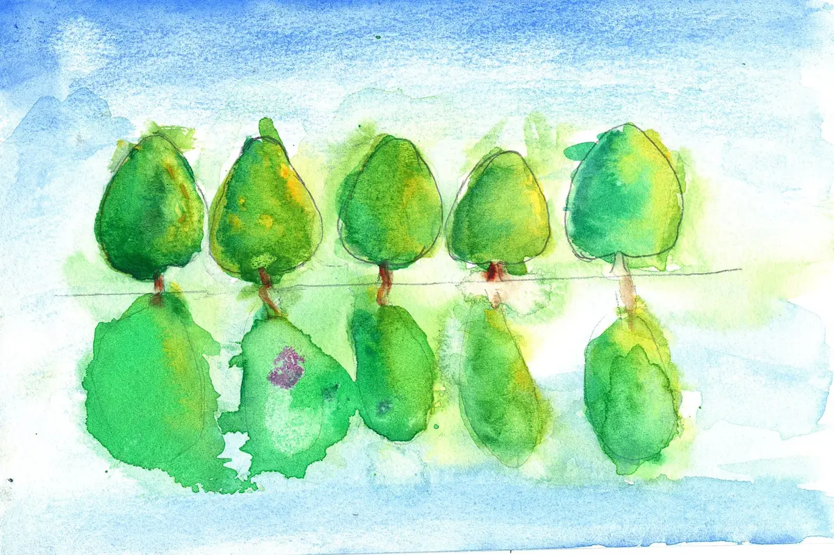 Trees by the Lake, watercolor painting by a young artist
